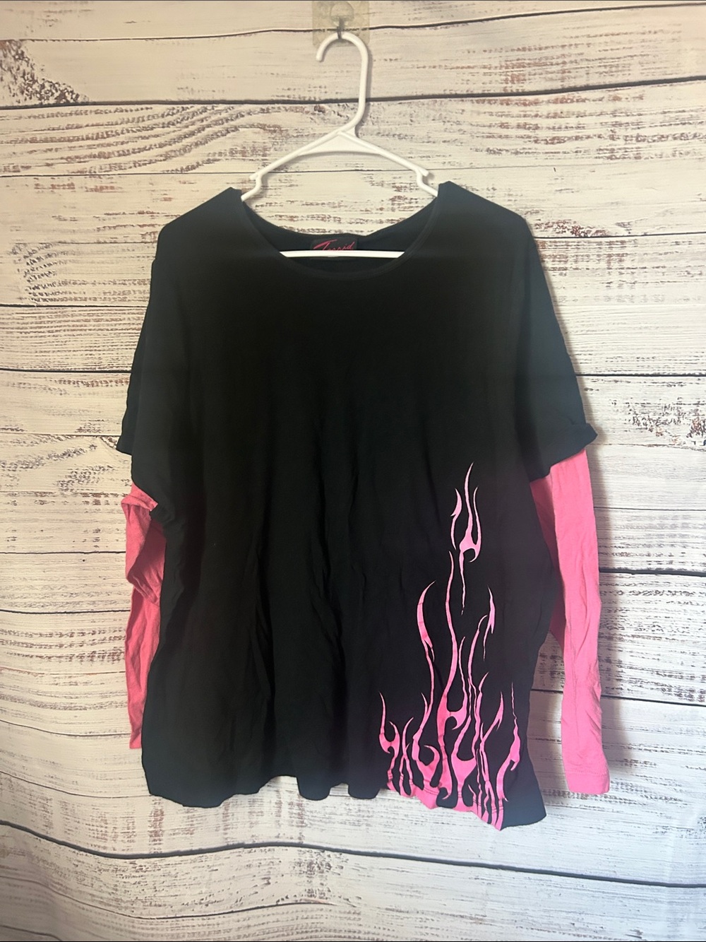 torrid Black Top with Pink Flame Graphic and Pink Long Sleeves size 4